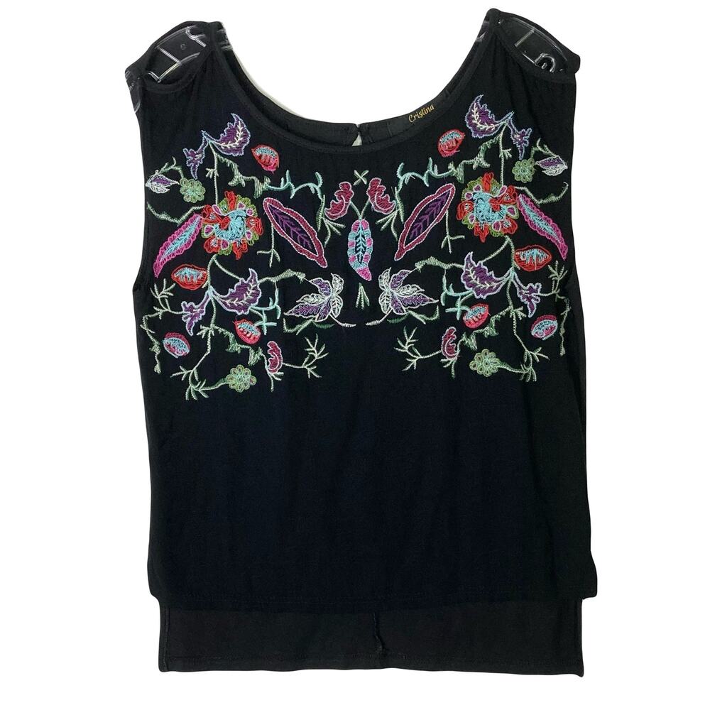 NWOT CRISTINA Top S Floral Neon Embroidery Cut Out Sleeveless Multi Pink Blue